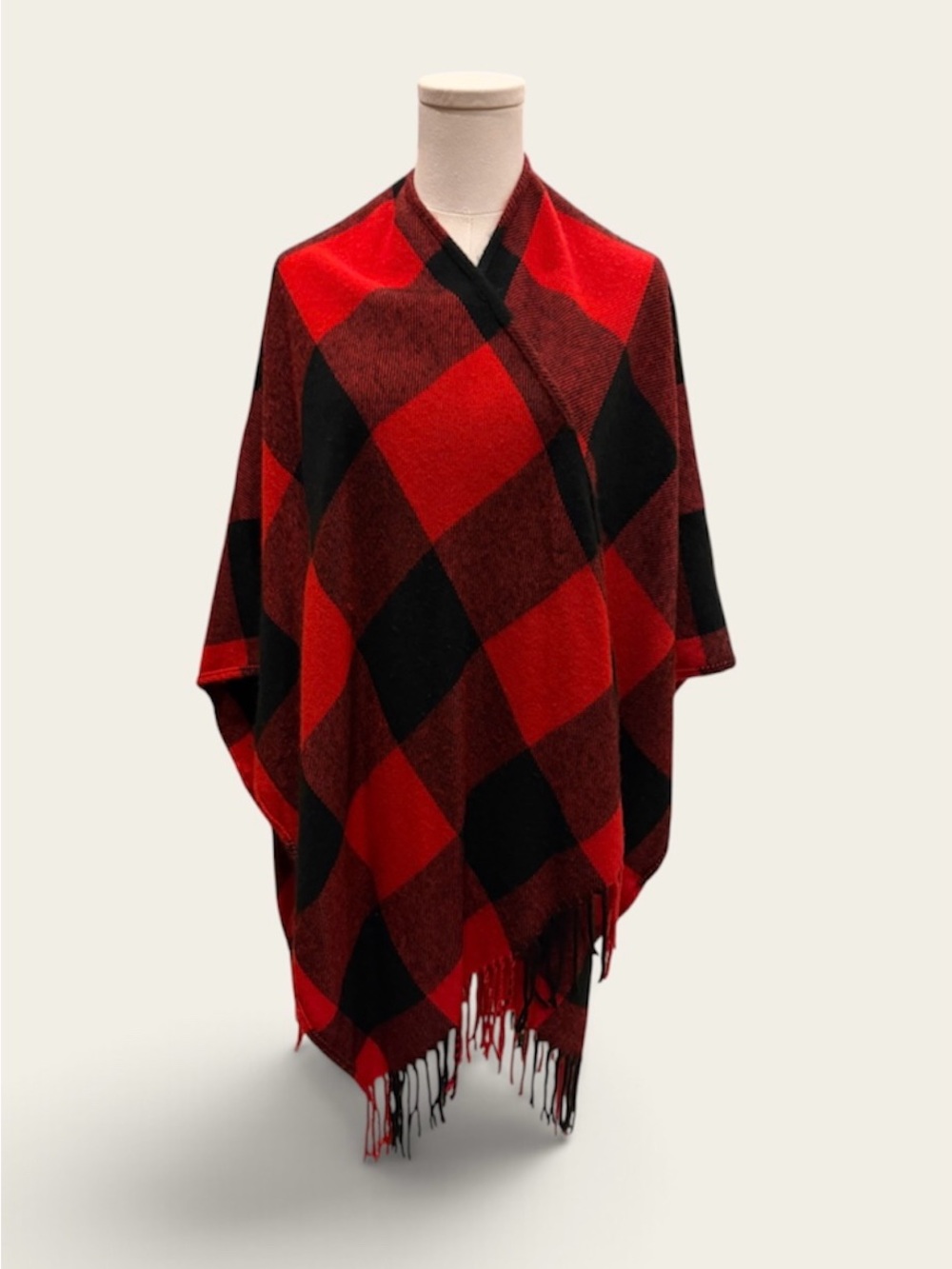 Red and Black Plaid Fringe Poncho Sweater